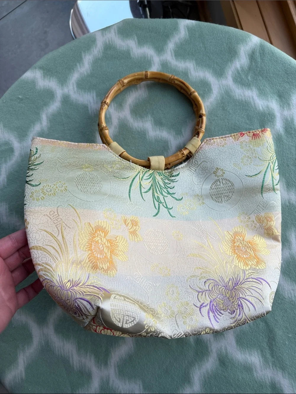 Satin Floral Bamboo-Handle Tote Bag in Ivory and Pastel Asian Auspicious Symbols
